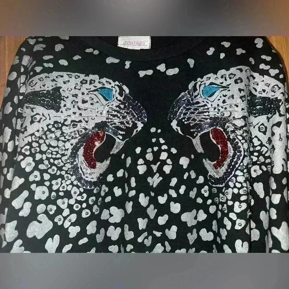 Vintage 1980s Gladys Bagley Beaded and Printed Dueling Leopards Size Large - Picture 6 of 7
